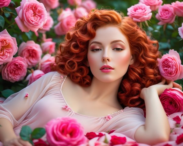 Woman with Red Curls Surrounded by Pink Roses