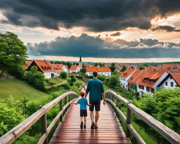 Father and son walking on a bridge to a village