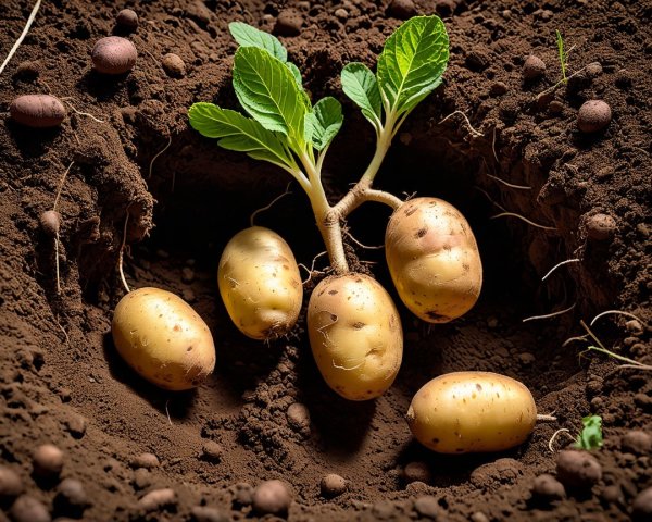 Freshly Harvested Potatoes in Dark Soil with Sprouts