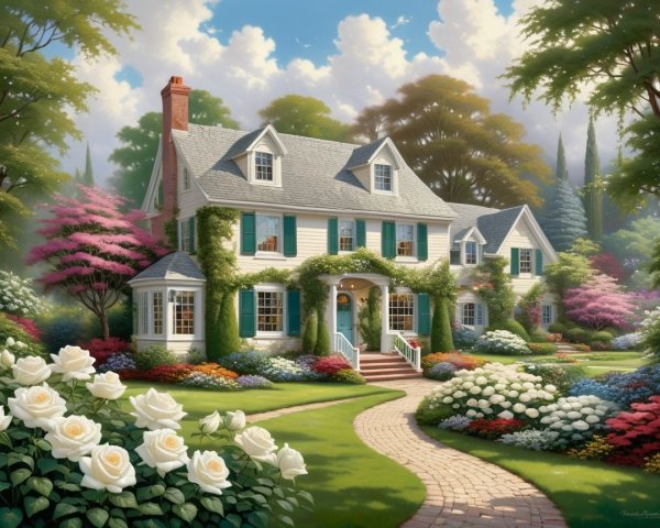 Charming White House Surrounded by Vibrant Garden