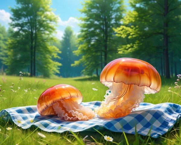 Translucent Orange-Red Jellyfish on Picnic Blanket