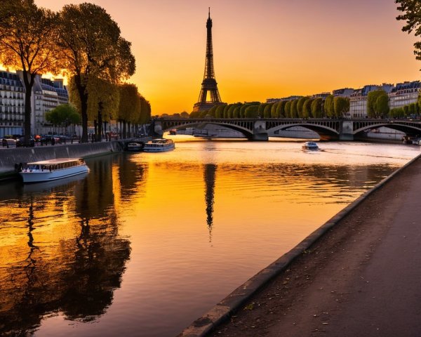 Eiffel Tower at Sunset Over the Seine River Landscape