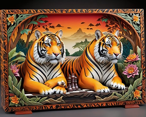 Intricately Carved Tigers with Chessboard at Sunset