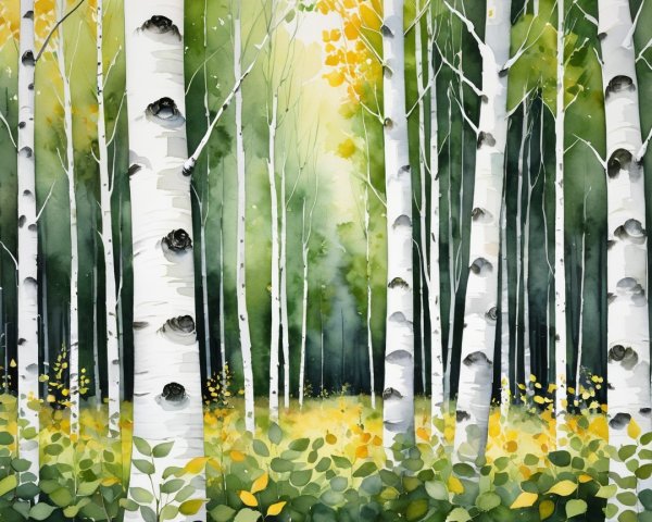 Serene forest scene with birch trees and sunlight