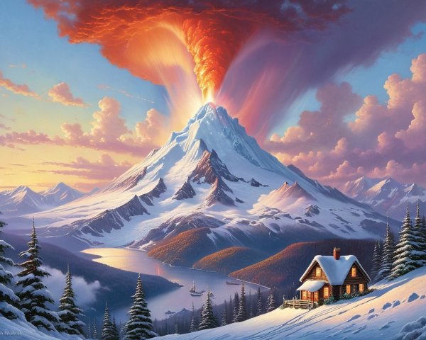 Snowy Mountain Range with Volcanic Eruption at Sunset