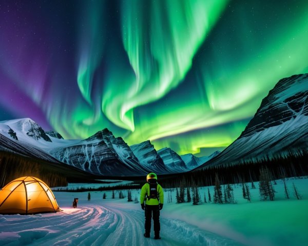 Person observing vibrant aurora borealis over mountains