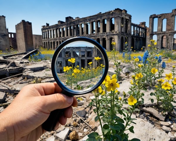 Magnifying Glass Highlights Flowers Among Ruins