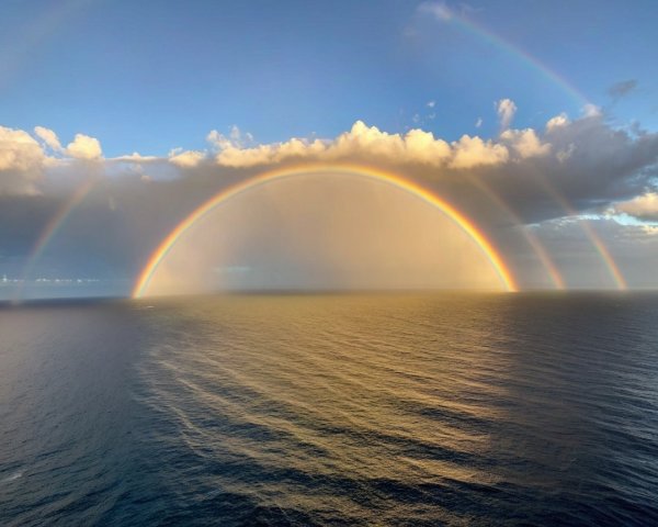 Ocean View with Rainbow and Sunlit Water Surface