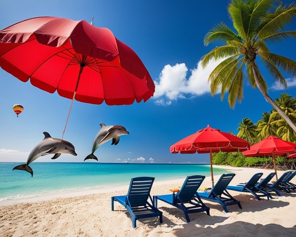 Vibrant Beach Scene with Umbrellas and Dolphins