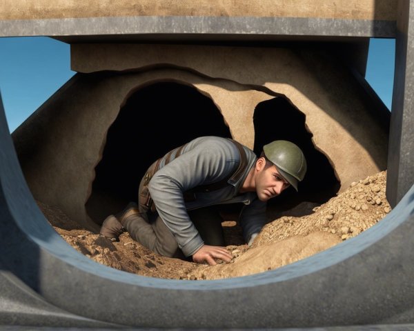 Soldier Crawling Through Narrow Tunnel in Military Uniform