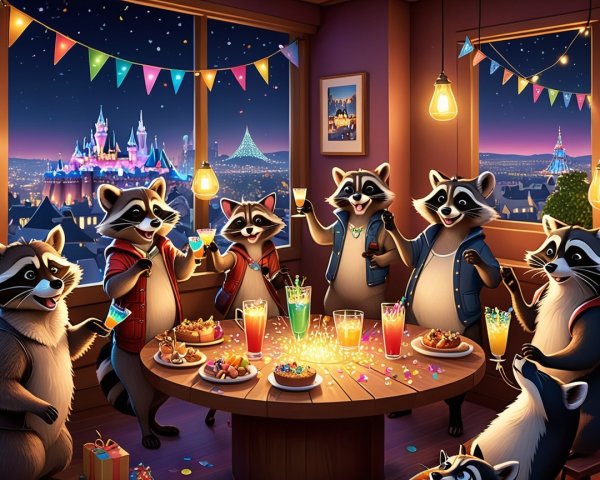 Raccoons Celebrating at a Circular Table with Desserts