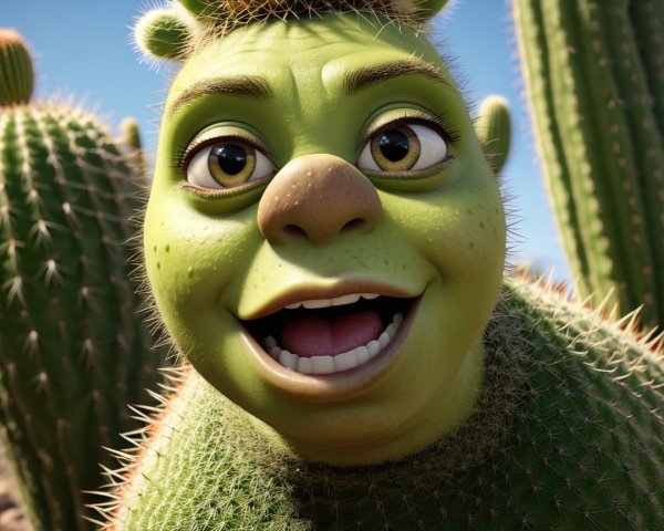 Close-up of a whimsical cactus creature with green skin