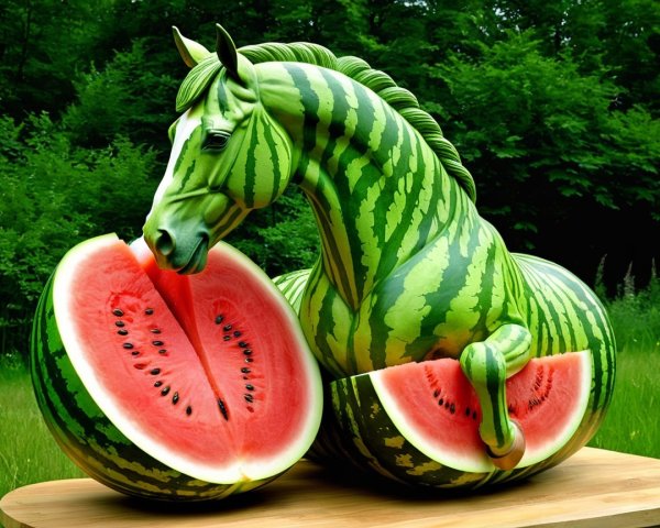 Watermelon Horse Sculpture on Wooden Surface with Foliage
