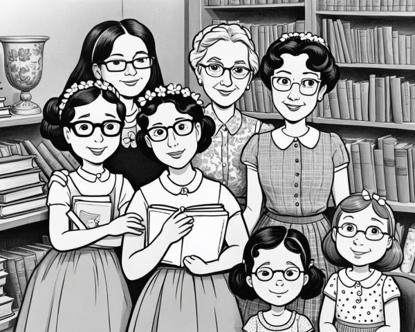 Group of Women in Vintage Clothing in Library Setting