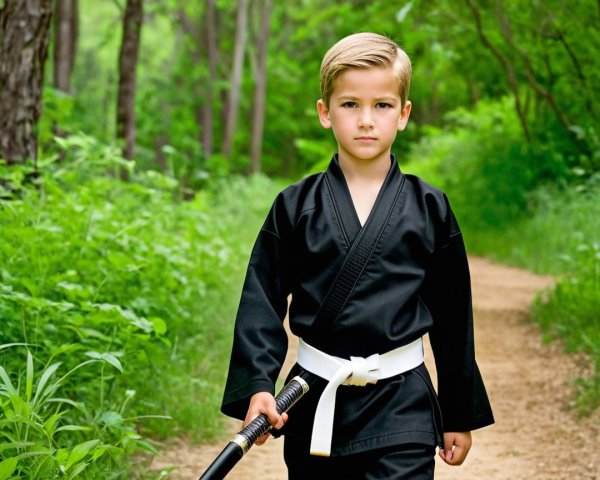 Young Boy in Karate Gi with Katana in Forest