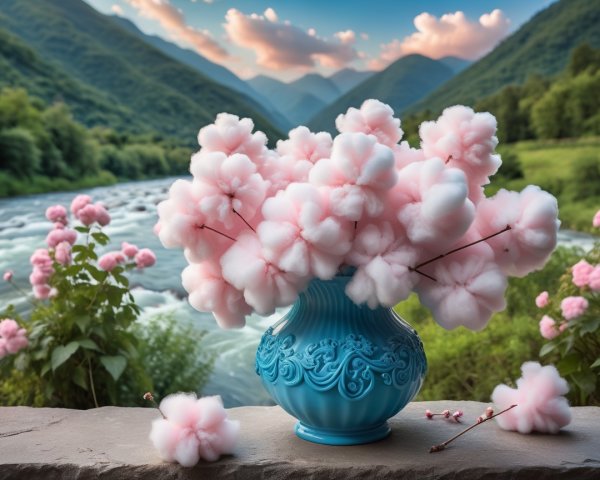 Vibrant Blue Vase with Pink Cotton Flowers by River