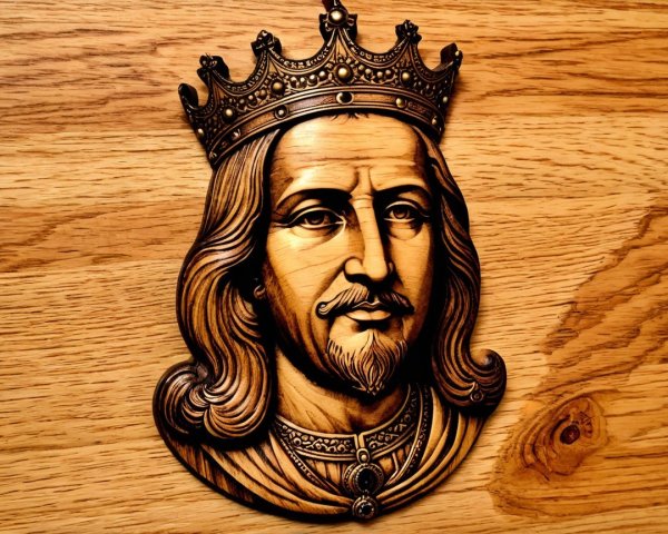 Wooden Relief of a Regal King with Intricate Details