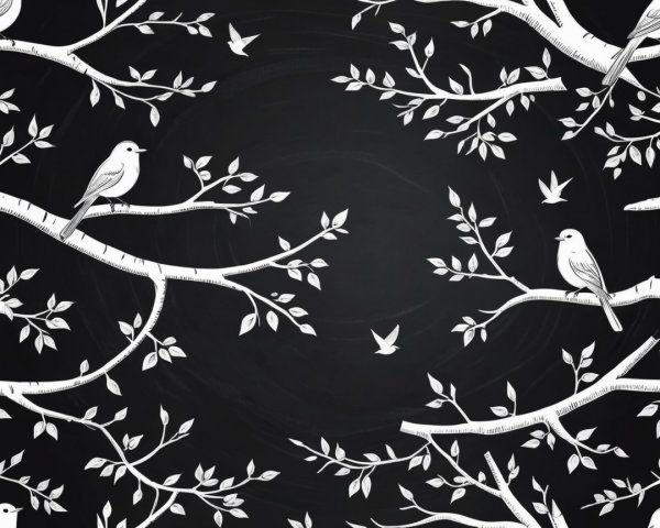 Whimsical Monochromatic Design with Birds and Branches