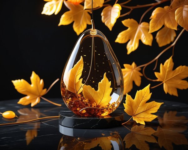 Glass Teardrop Pendant with Autumn Leaves in Resin