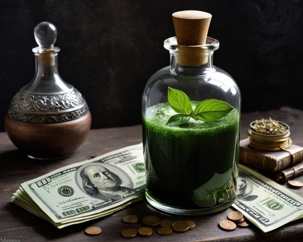 Glass Bottle with Green Liquid and Stacks of Money