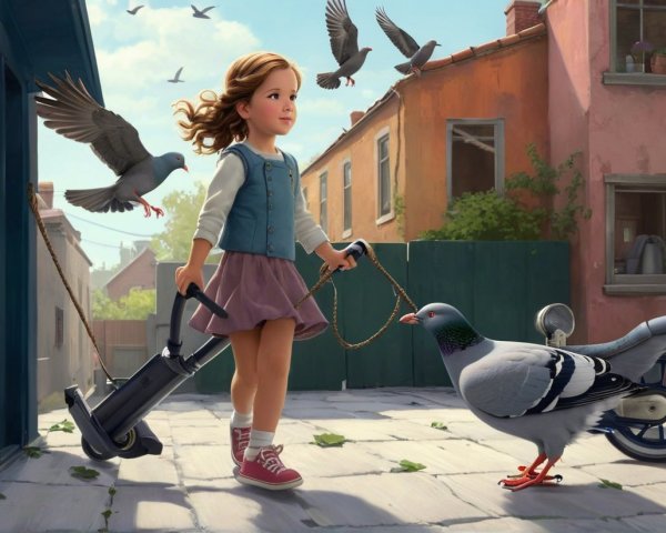 Young girl with pigeon on leash in sunny alley