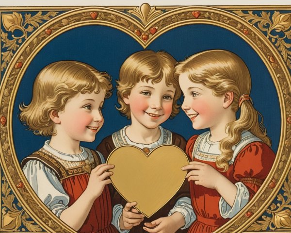 Cheerful Children in Heart Frame with Golden Heart