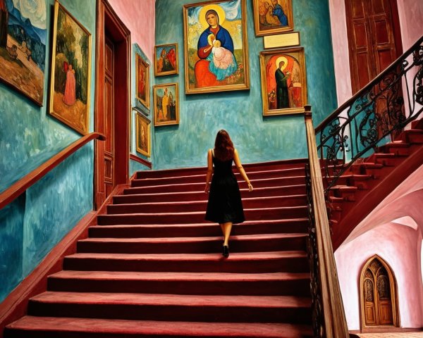 Woman in Black Dress on Grand Staircase in Museum