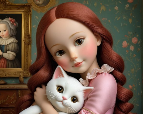 Young girl with cat in vintage-style room setting