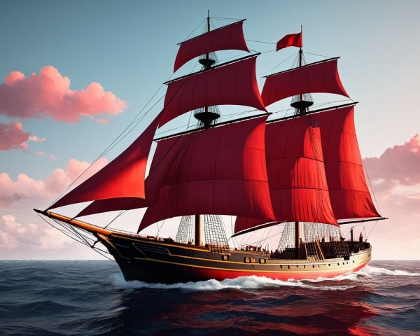 Majestic sailing ship with red sails in pink sky