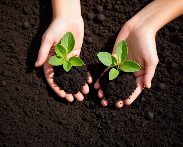 Close-Up of Hands Holding Seedlings in Dark Soil