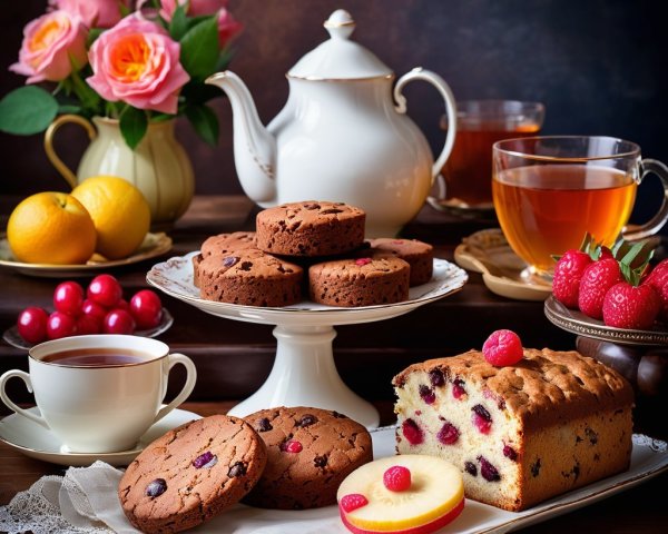Elegant Afternoon Tea Spread with Baked Goods and Tea