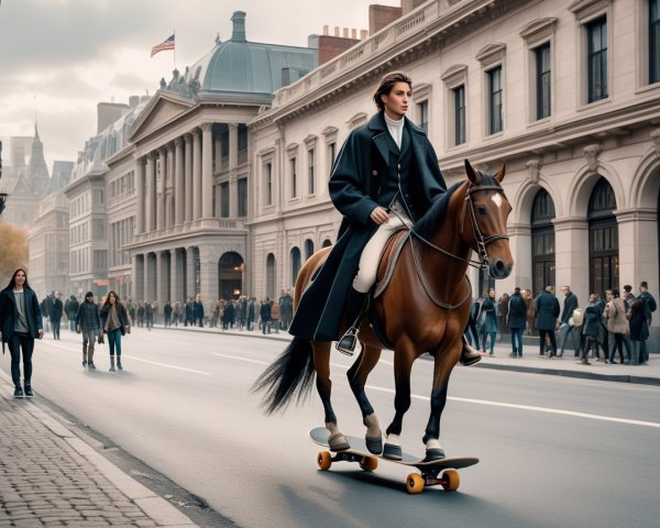 Woman Riding Horse on Skateboard in Urban Setting