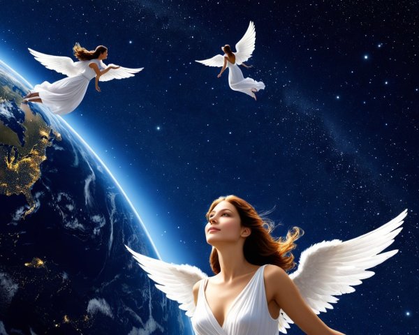 Celestial Scene with Ethereal Winged Figures and Earth