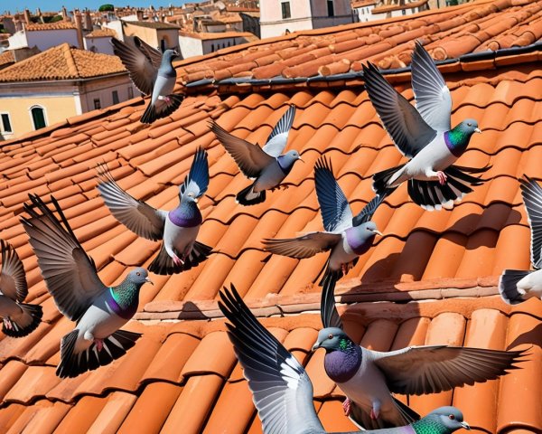 Colorful Pigeons Flying Over Terracotta Rooftops