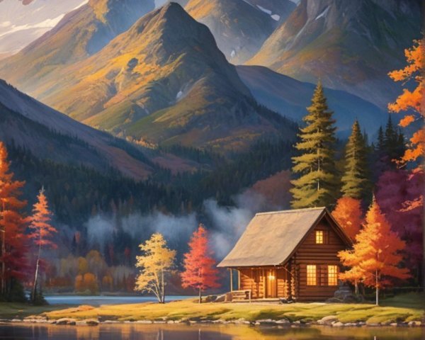Cozy Cabin by Serene Lake Amidst Autumn Foliage