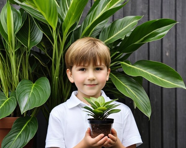 Young Boy with Potted Plant in Lush Greenery