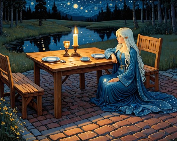 Serene Night Scene with Woman by Calm River