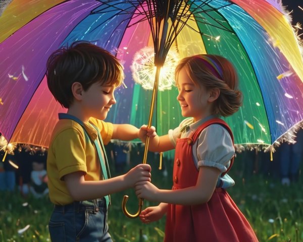 Children Under Rainbow Umbrella in Sunny Outdoor Scene