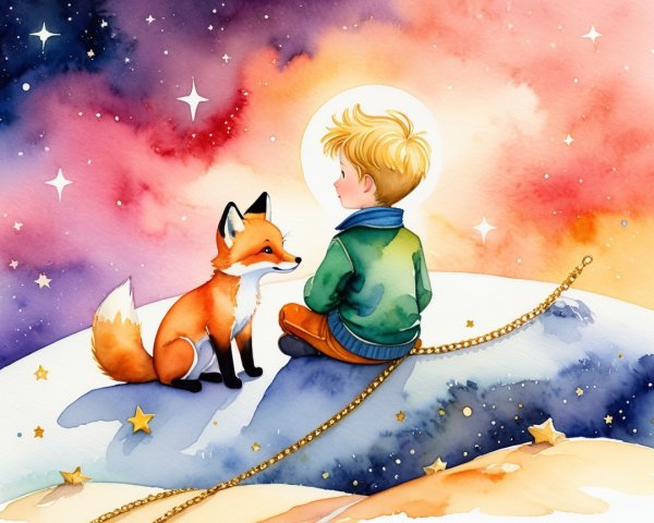 Whimsical Illustration of Boy and Fox Under Moonlight