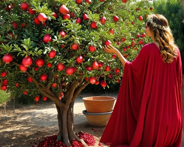 Woman in Red Cloak by Lush Pomegranate Tree