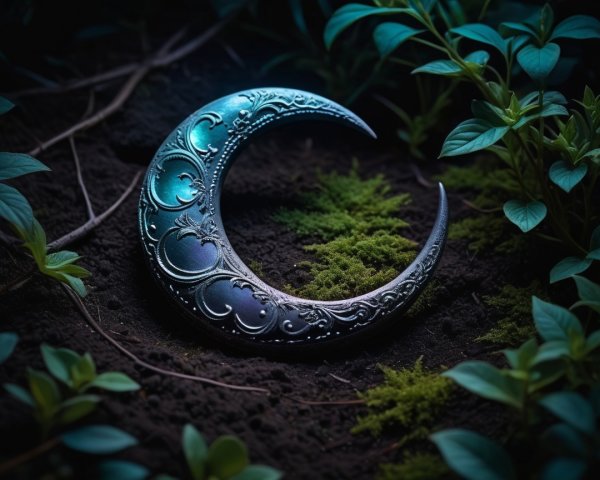 Crescent Moon Pendant on Soil with Green Moss