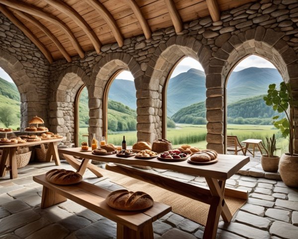 Rustic Room with Breads and Scenic Stone Windows