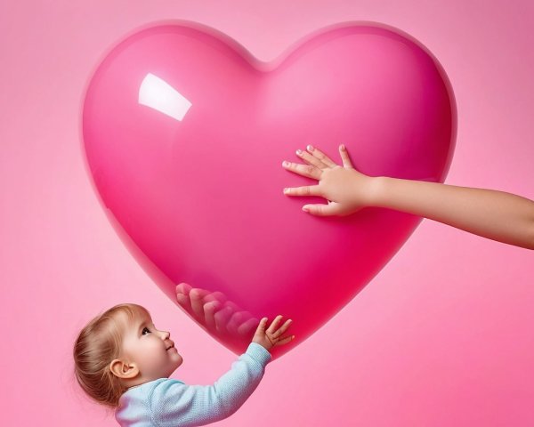 Child Reaches for Glossy Pink Heart in Playful Scene