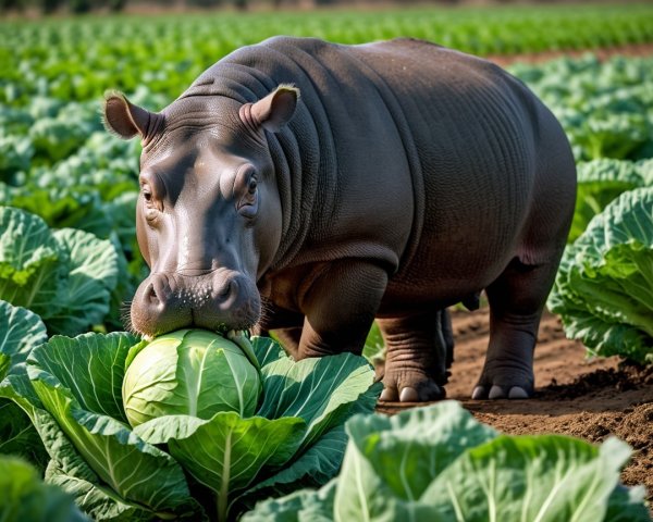 Close-up of Hippopotamus with Cabbage in Field