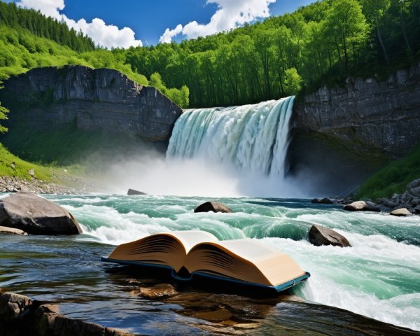Waterfall and Open Book in Serene Natural Landscape
