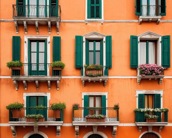 Vibrant Orange Façade with Symmetrical Windows and Blooms