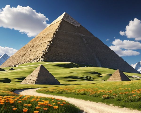 Great Pyramid of Giza Surrounded by Lush Landscape