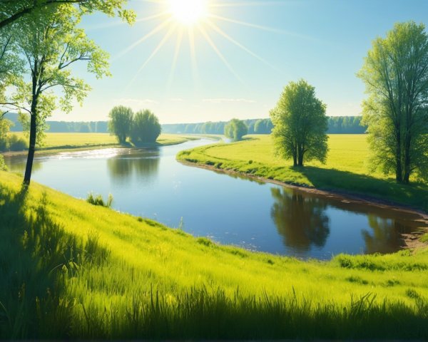 Tranquil Landscape with Winding River and Green Fields