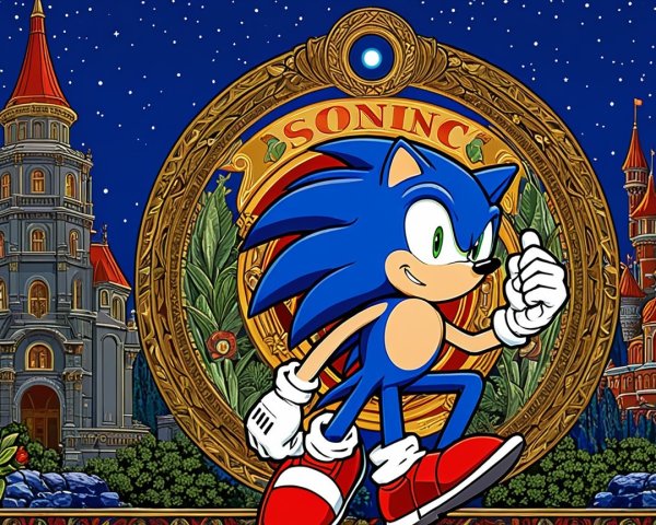 Sonic the Hedgehog in Heroic Pose with Emblem Background