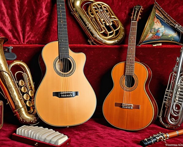 Collection of Musical Instruments on Textured Red Background
